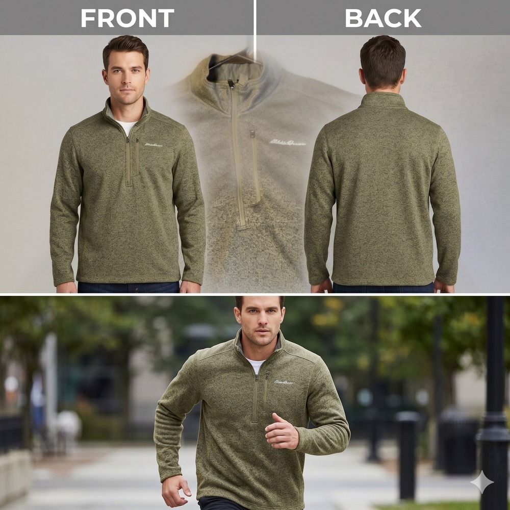 Eddie Bauer Mens XXL Quarter Zip Pullover Fleece Sweater Olive Green Marl 0162 - Picture 3 of 16